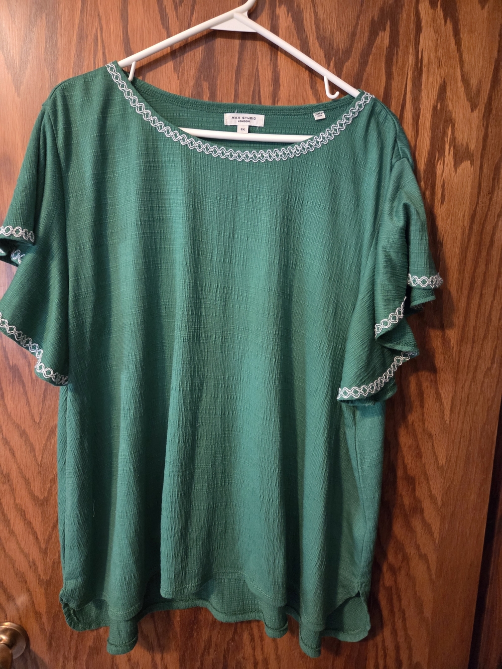 Max Studio Emerald Green Ruffle-Sleeve Blouse with White Trim